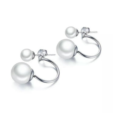 6/10mm Round Freshwater White Pearl Ear Studs Women's Stainless Steel Earrings