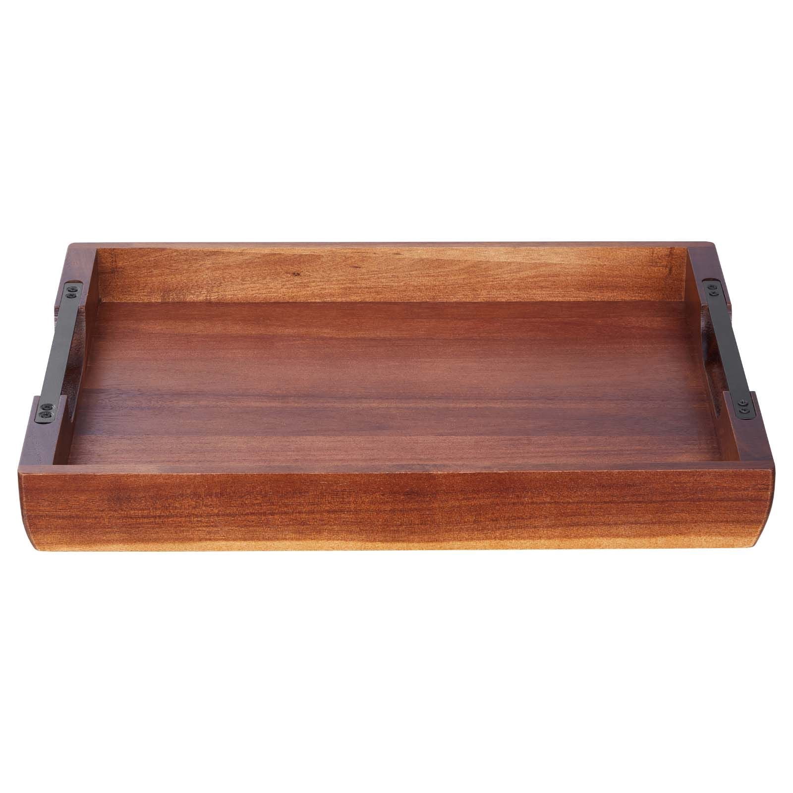 Wooden Serving Tray 17x12.2x1.97 Inch, Acacia Wood with Iron Handles, Durable Bonded Assembly, Versatile for Dining Table Kitchen Living Room Bar