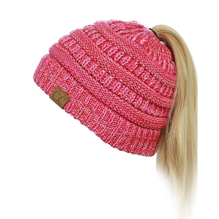 Women's Winter Chunky Cable Knit BeanieTail Soft Stretch Cable Knit Messy High Bun Ponytail Beanie Hat Cap