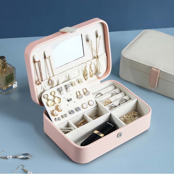 Jewelry Storage Box for Women, Jewelry Storage Organizer, Njjex Portable Travel Synthetic Leather Jewelry Box Storage Case with Mirror, for Necklace Earring Rings Sparkle Jewelry Holder Case -Pink