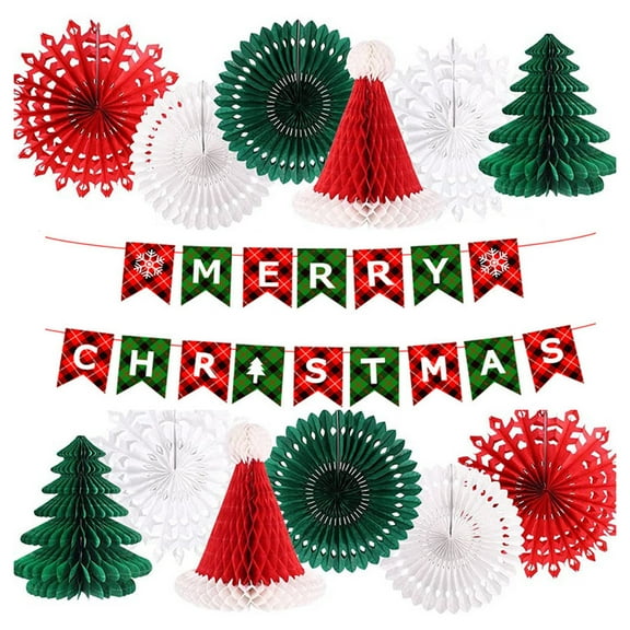 Merry Christmas Banner Party Decorations, Hanging Paper Fans, Pom Poms Flowers, Paper Lanterns, Xmas Tree Honeycomb Balls for Birthday Wedding New Years Eve Party Decor