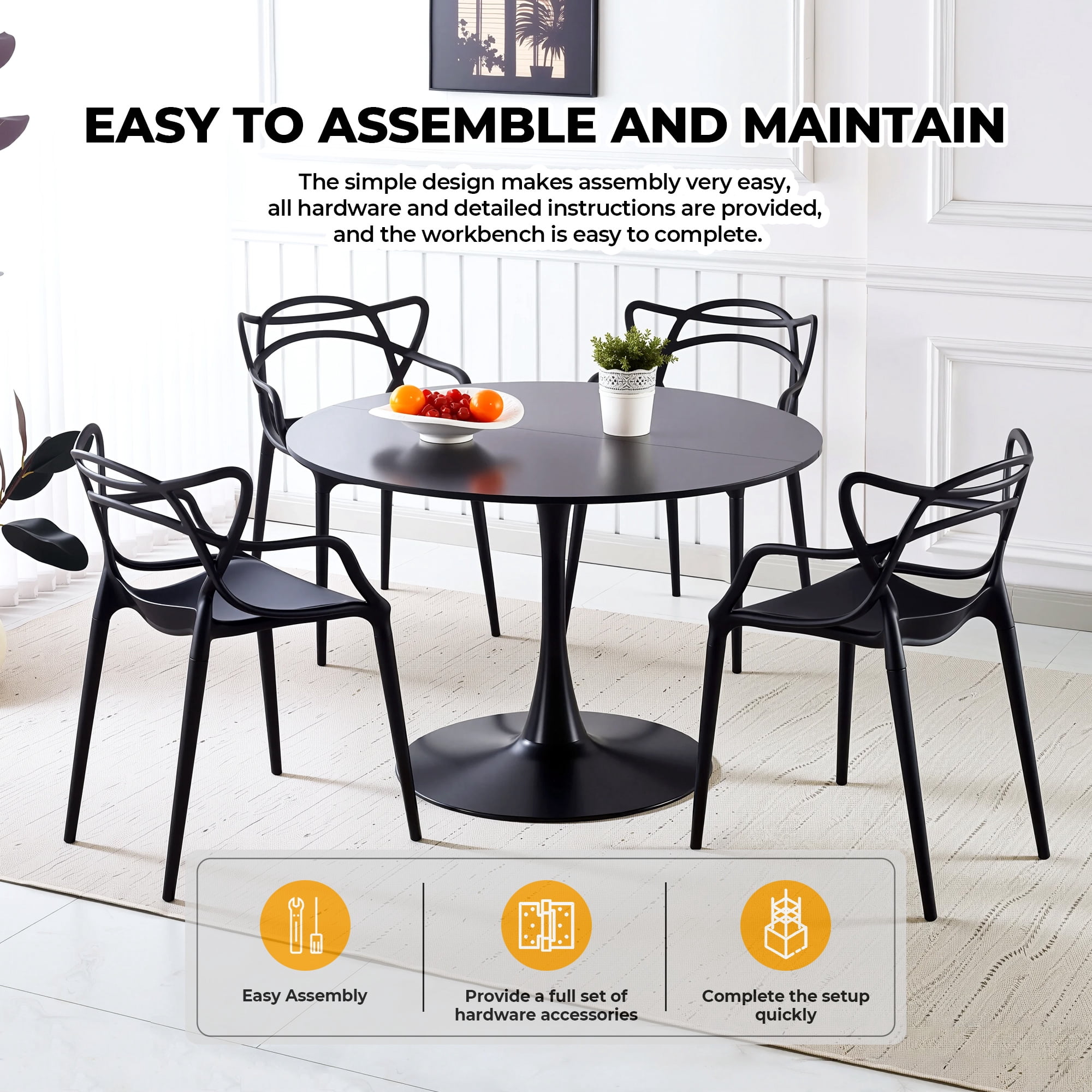 Mintazer 42.1" Large Round Dining Table Top Tulip Table for 4-6 People, Mid-Century MDF Kitchen Table for Dining Room, Black