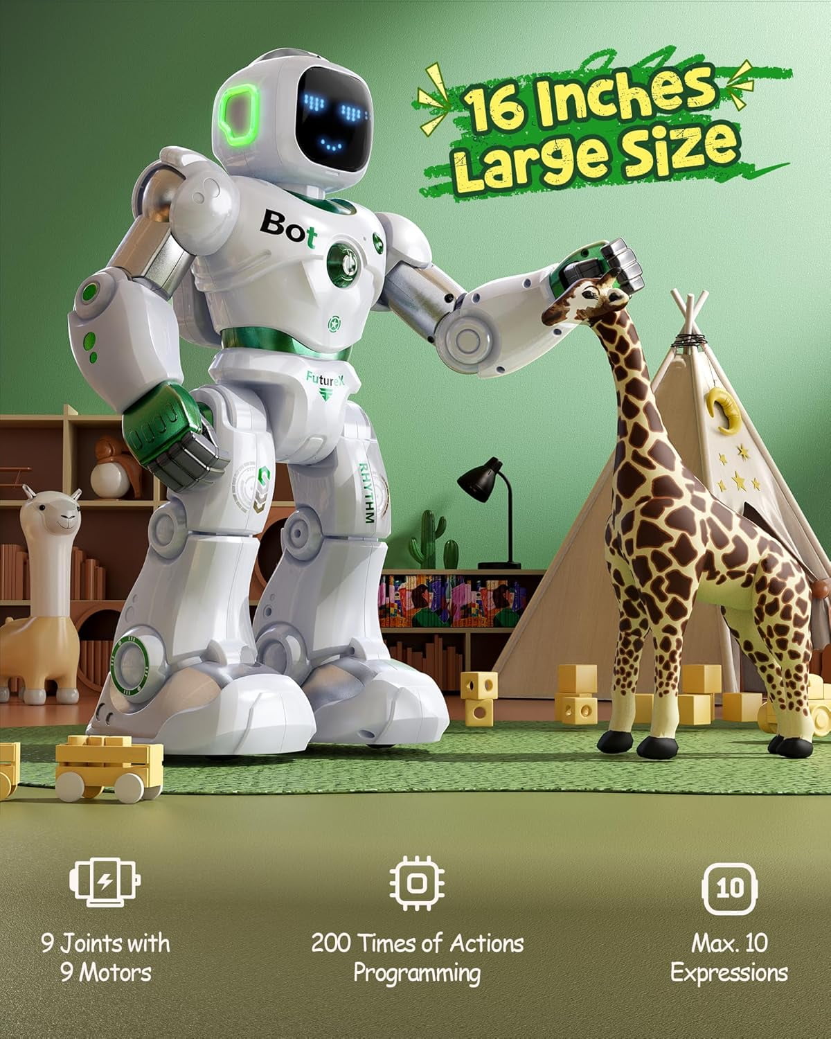 Ruko 1088 Smart Robot for Children, Large Programmable RC Robot with Voice and App Control, Gift for Kids 4-9 Year Boys and Girls, Green