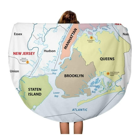 KDAGR 60 inch Round Beach Towel Blanket Manhattan New York City Boroughs Map Brooklyn Queens Area Travel Circle Circular Towels Mat Tapestry Beach