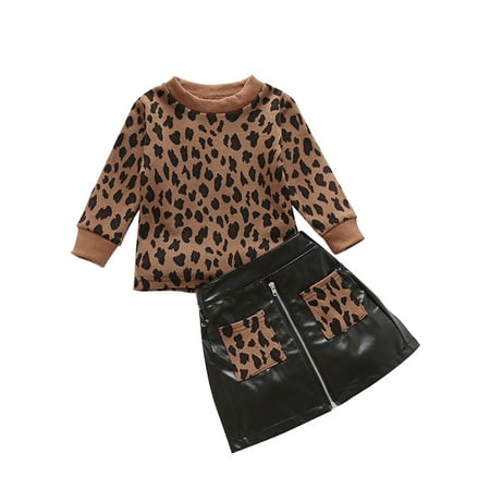 

ZIYIXIN Kids Baby Girls Long Sleeve Knitted Sweater Pollover Tops PU Leather A-Line Skirts 2Pcs Fall Winter Clothes Brown 18-24 Months