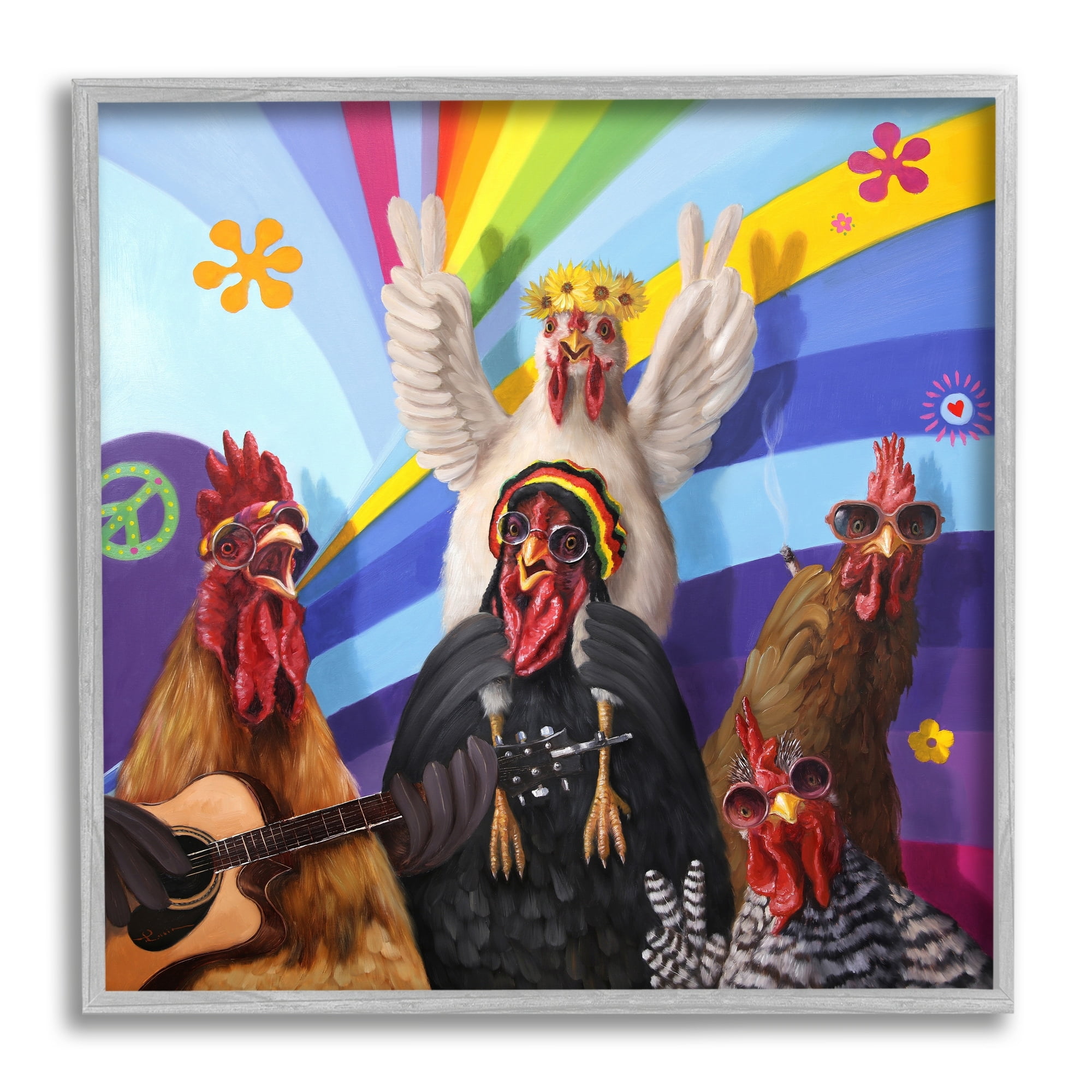 Stupell Industries Hippy Chicken Birds Singing Guitar Instrument Smoking Rainbows,12 x 12, Design by Lucia Heffernan
