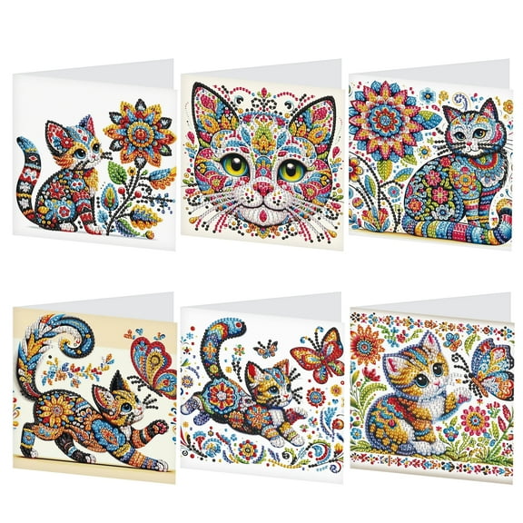 6pcs Diamond Art Painting Kit Greeting Card, Flower Butterfly Kitten 5D DIY Special Shape Diamond Greeting Card Creative Gifts, Christmas Thanksgiving Greeting Card Congratulation
