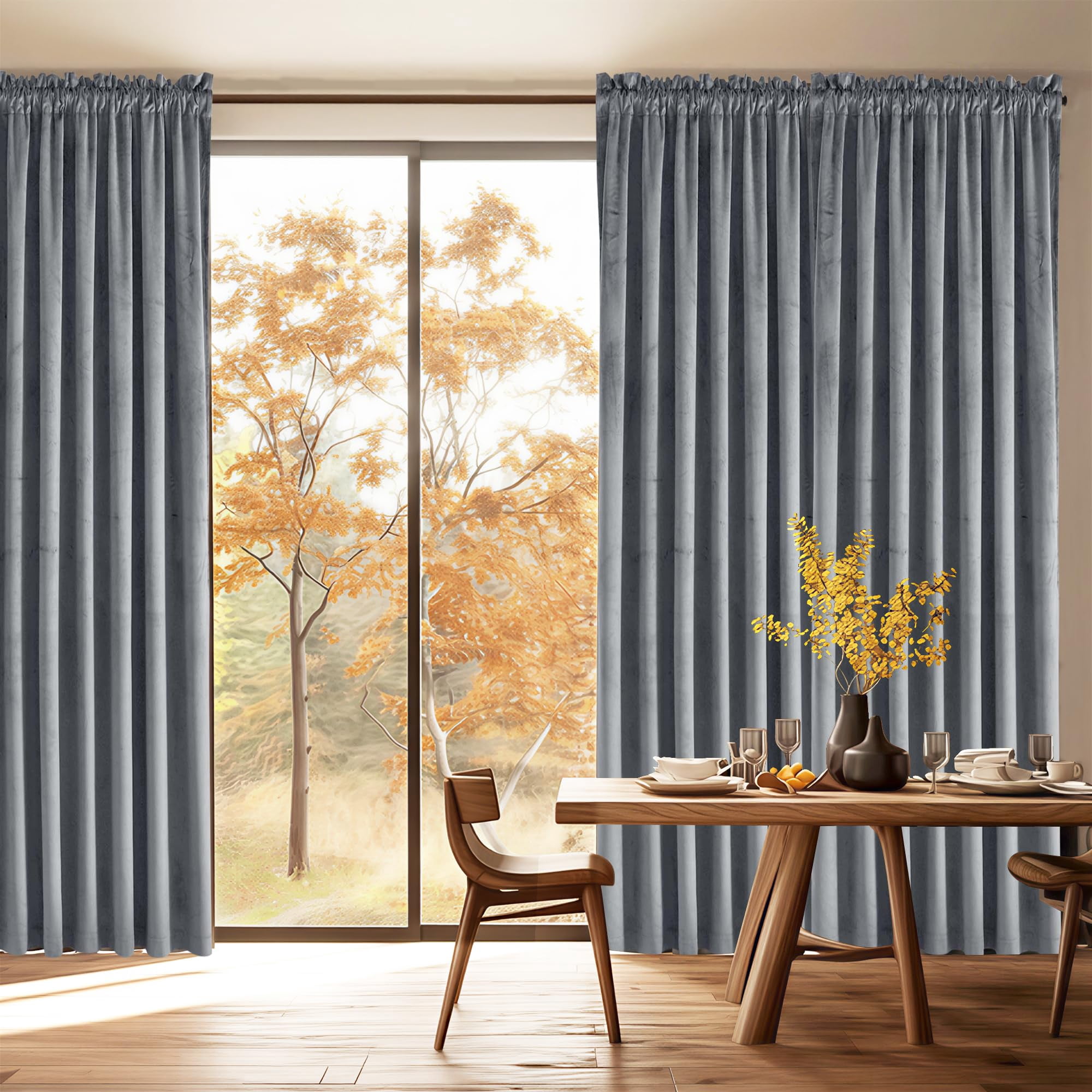 JIUZHEN Velvet Curtains Contemporary Grey Solid Print Rod Pocket Blackout Curtains, 60" x 96" (2 Panels)