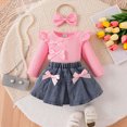 thumbnail image 6 of Toddler Girl Clothes Toddler Baby Girl Fall Winter 9 12 18 24 Months 2T 3T Long Sleeve Ruffle Romper Top Denim Pleated Skirt Set 3Pcs Clothes Set, 6 of 7