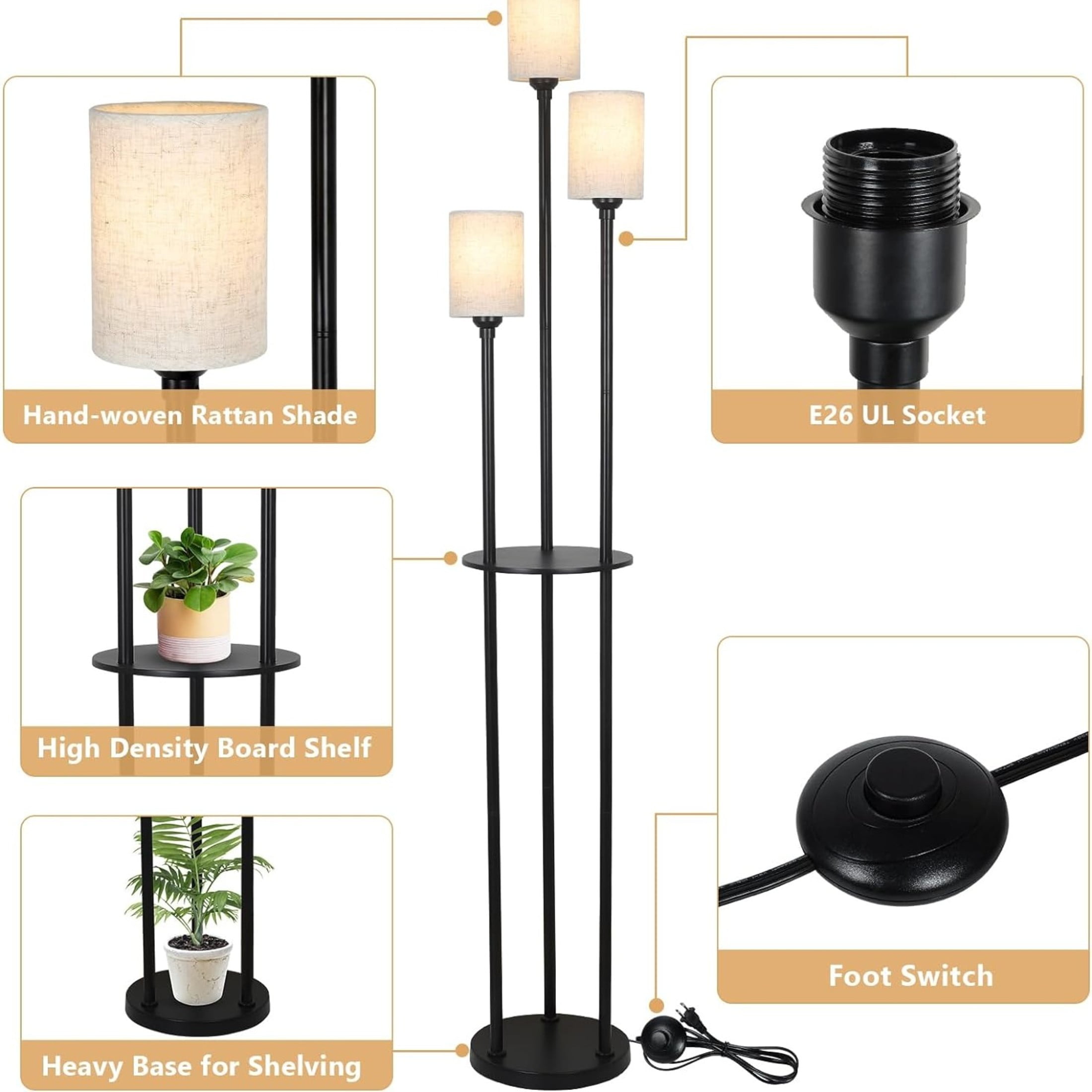 Noble House 3-Light Floor Lamp with Shelves, Black Industrial Tall Lamp with Linen Shades and Foot Switch, Black