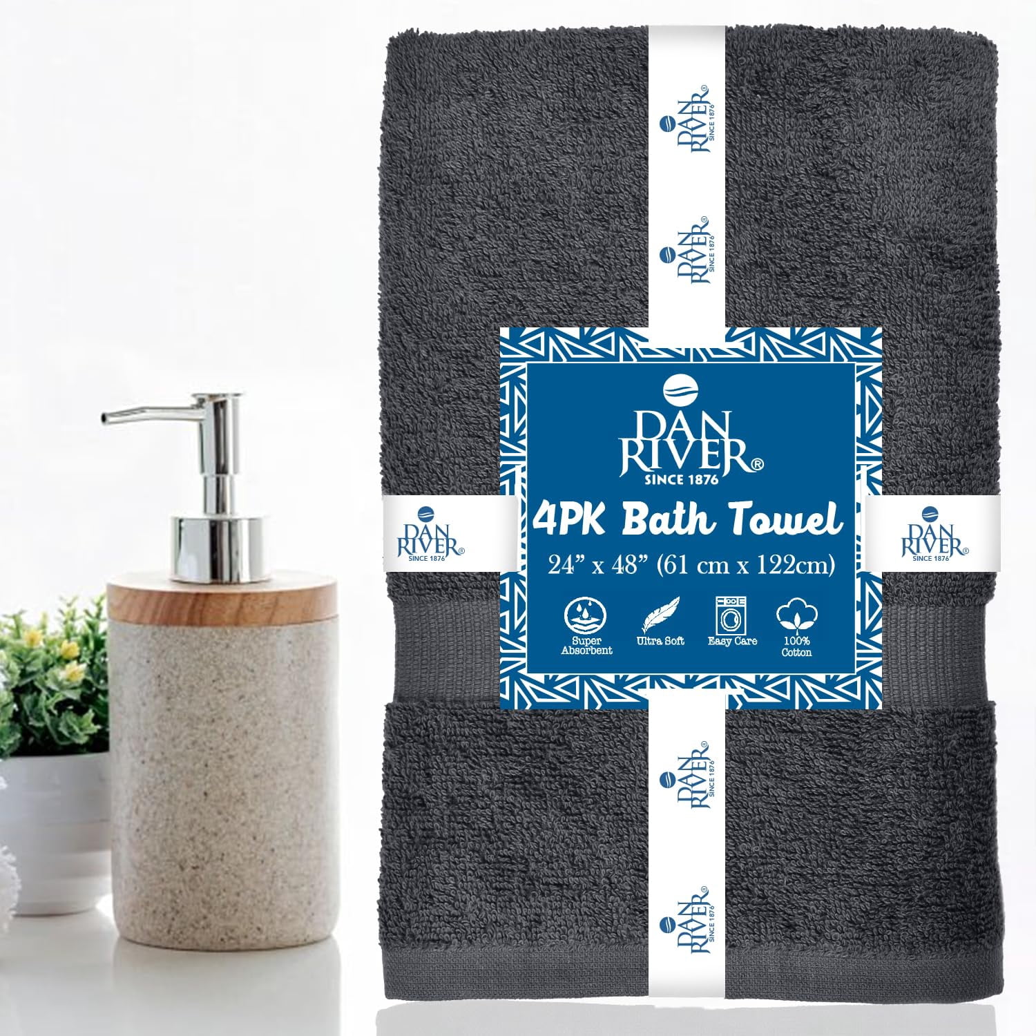 Dan River Bath Towel 6 pack 24x48 in Ultra Soft Quick Drying Cotton Towel - Charcoal