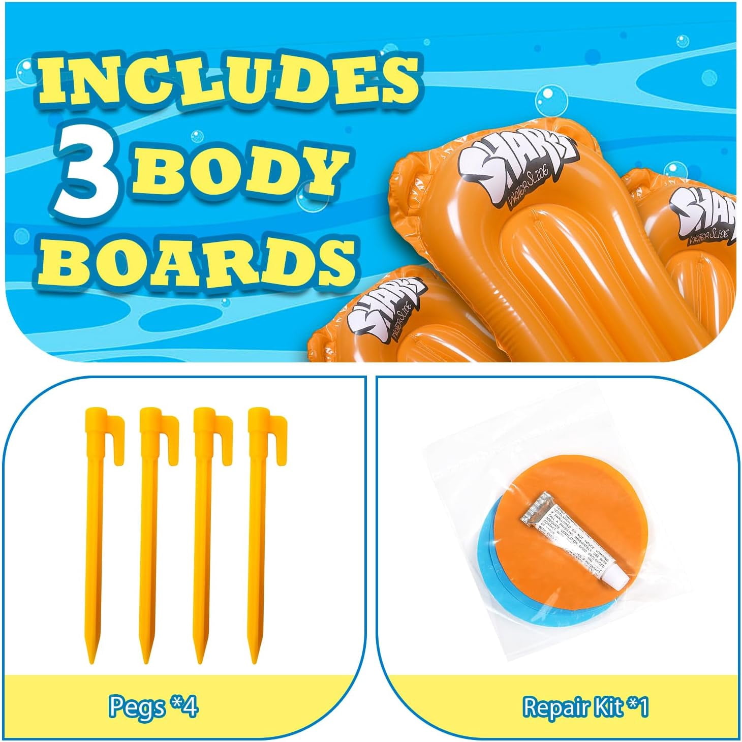 Slip Water Slide, 17ftx7ft Kids Slip Water Slide for Backyard Lawn, 3 Sliding Racing Lanes and 3 Inflatable Bodyboards with Sprinklers, Shark Pattern Outdoor Summer Water Toy