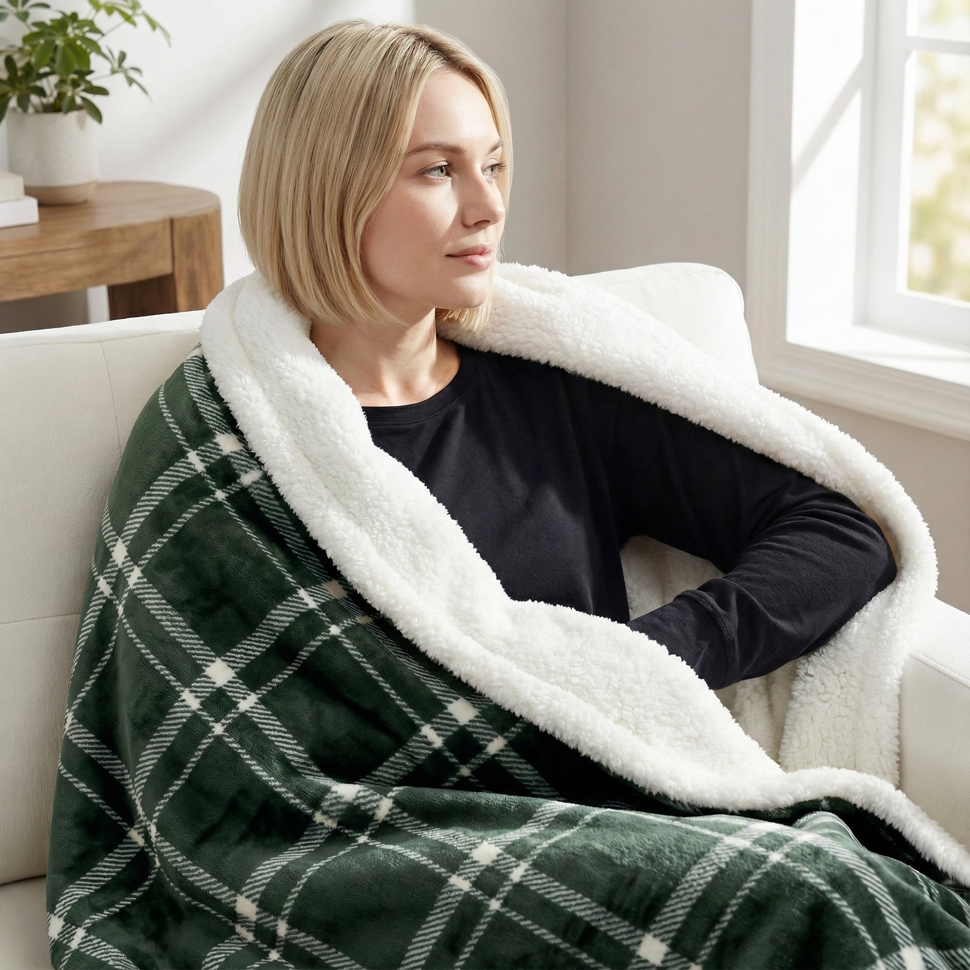 Americanflat Fleece and Reverse Sherpa Throw Blanket - 50x60 Inch Classic Tattersall Plaid - Ultra Soft Cozy Couch Cover - Warm Reversible Design - Green