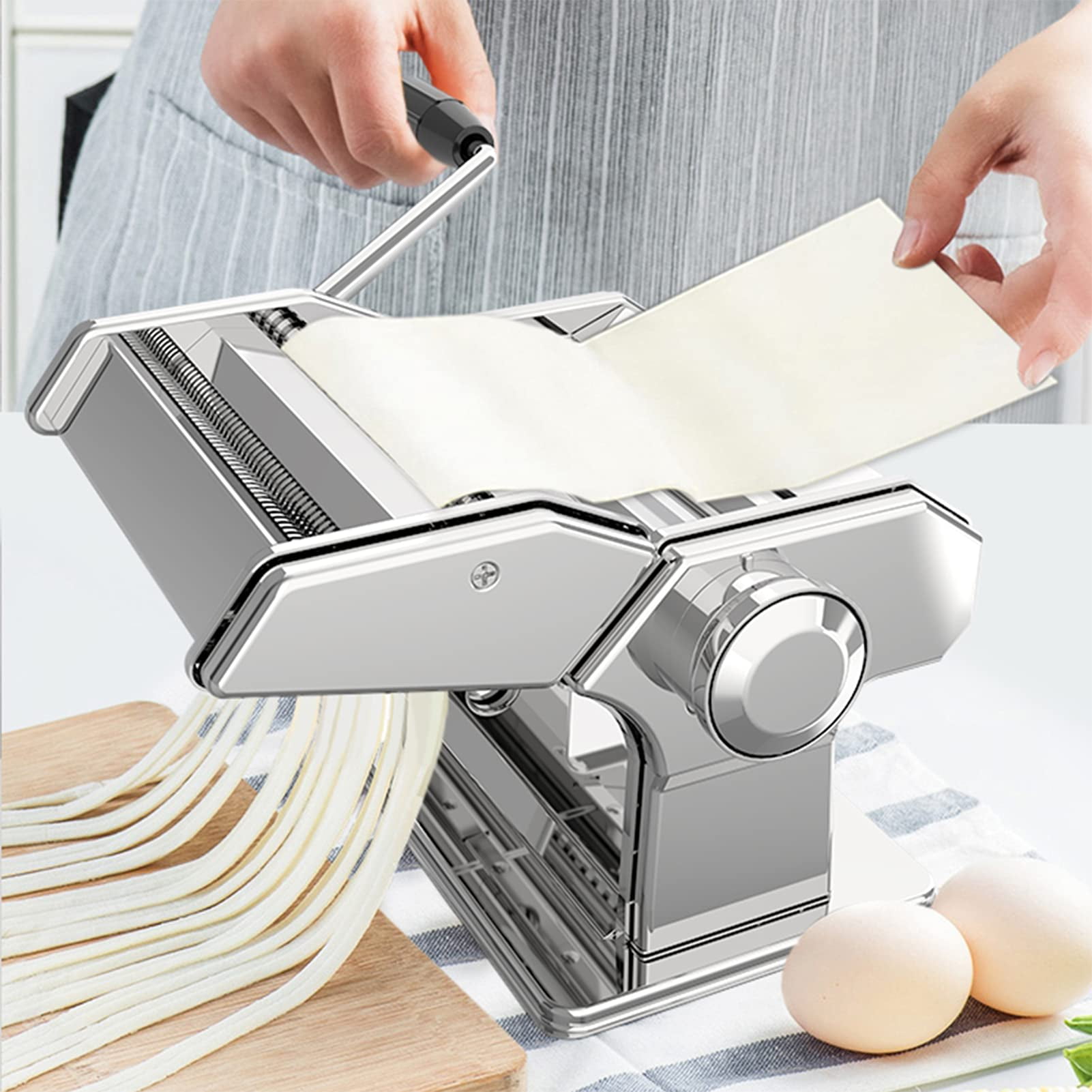 Pasta Maker - Washable Stainless Steel Noodle Maker with 7 Adjustable  Thickness Settings - Manual Hand Crank Pasta Machine - Perfect for Homemade  Spaghetti and Fettuccini, Linguine, Trenette 