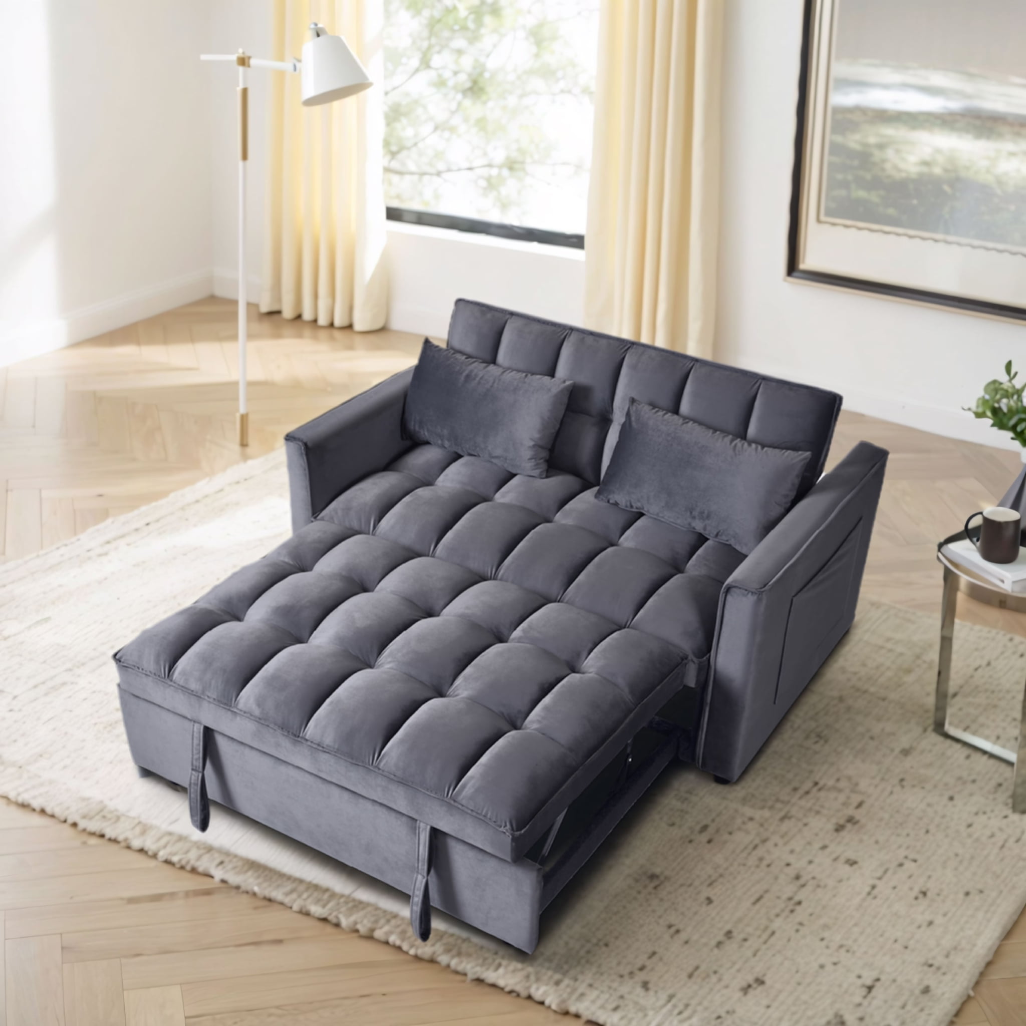 MAYEERTY Convertible Sofa Bed, Velvet Pullout Couch with Adjustable Backrest, Grey