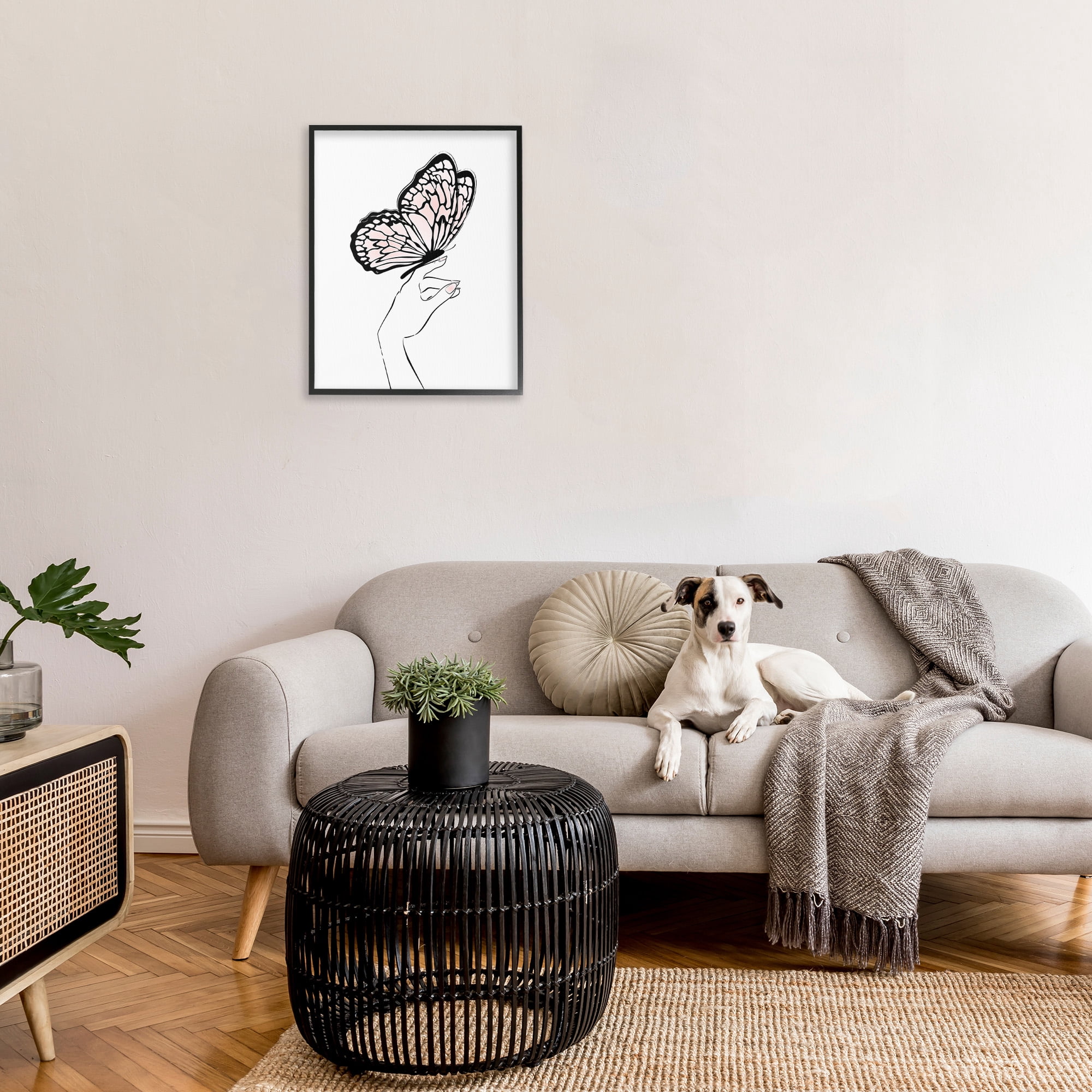 Stupell Industries Minimal Hand & Butterfly Animals & Insects Painting Black Framed Art Print Wall Art, 24 x 30