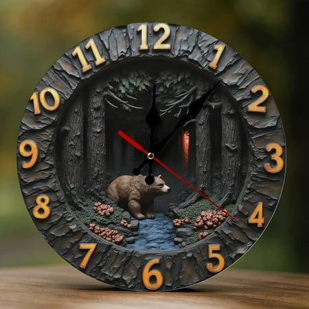Wall Clock Decorative - Retro Forest Bear Print 2D Vintage Wall Clocks Battery Operated Silent Non-Ticking for Bedroom, Living Room, Kitchen, Office, Classroom, 10 Inch