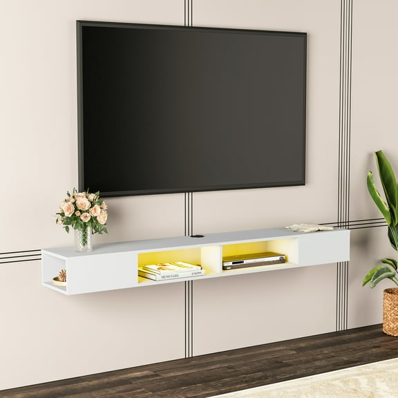 Floating TV Stand Wall Mounted with Yellow Lights for 65/75/80 Inch TV, Floating Entertainment Center Storage Shelf Living Room, White