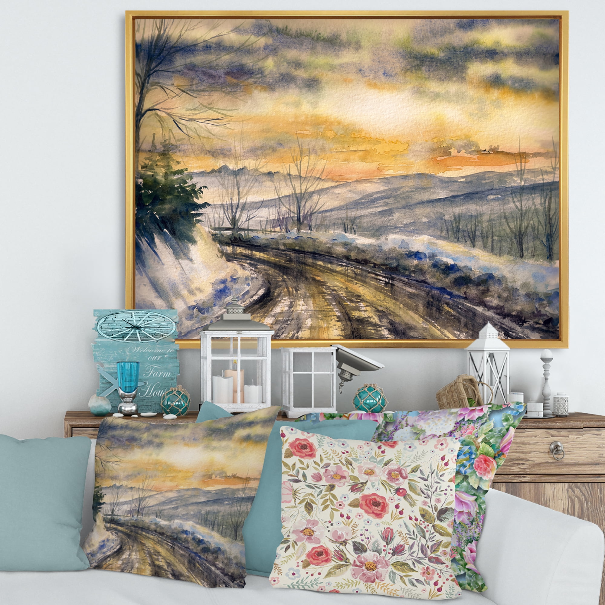 Designart 'Road Under Bright Sunset With Winter Landscape' Traditional Framed Canvas Wall Art Print
