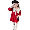 thumbnail image 2 of Skymirror Toddler Girls Dress Fall Winter Doll Collar Luxury Sweet Faux Pearls Decor Contrast Color Long Sleeves Knee Length Ribbed A Line Hem Children Midi Dress, 2 of 2
