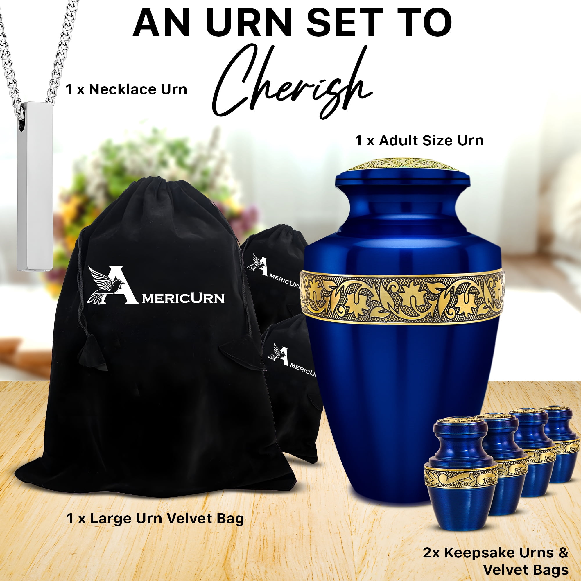Set of 6 Blue Cremation Urns for Ashes – 1 Large, 4 Mini & 1 Necklace Urn | Handcrafted Aluminum Memorial Tribute | Urn for Ashes