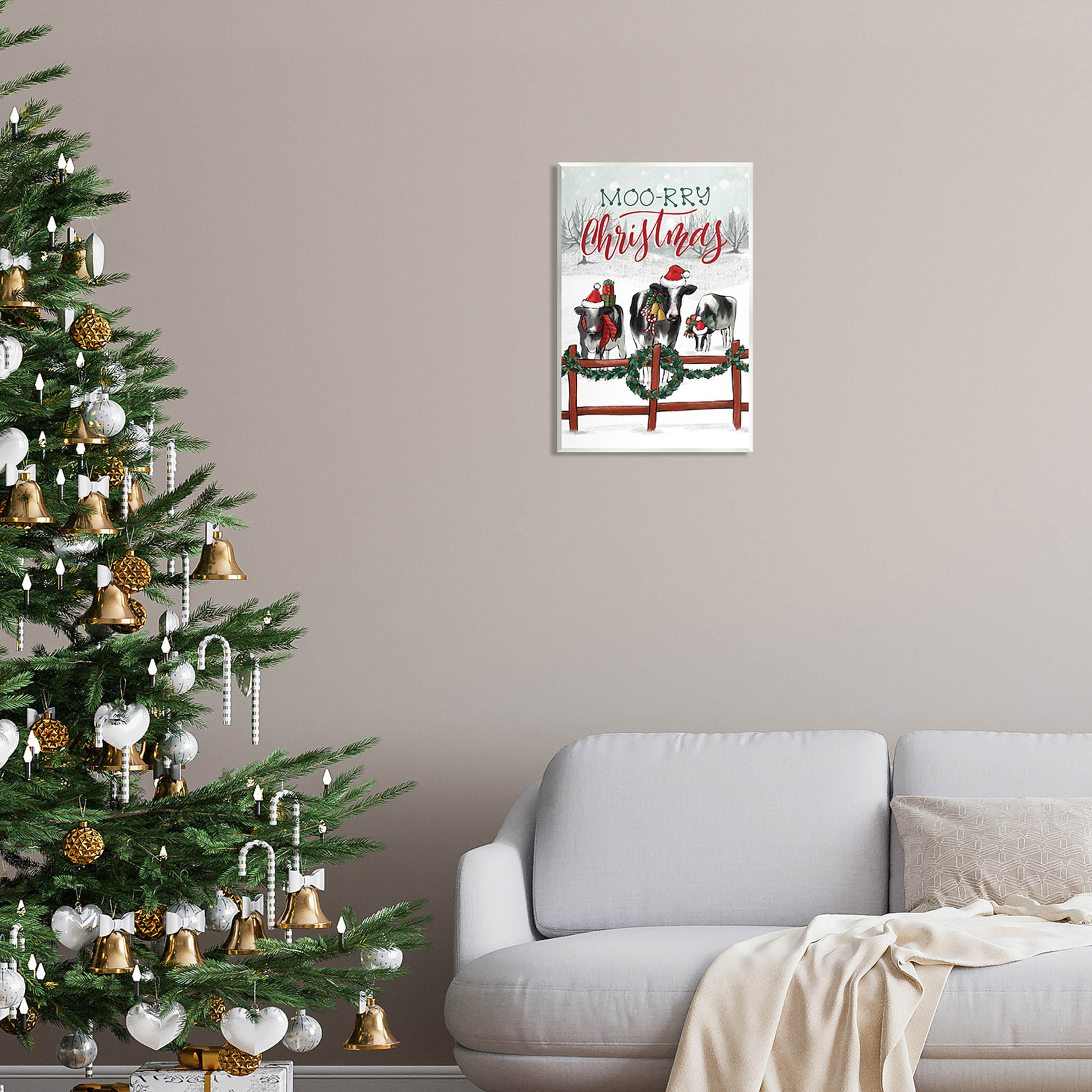Moo-rry Christmas Holiday Snowy Cows Holiday Graphic Art Unframed Art Print Wall Art