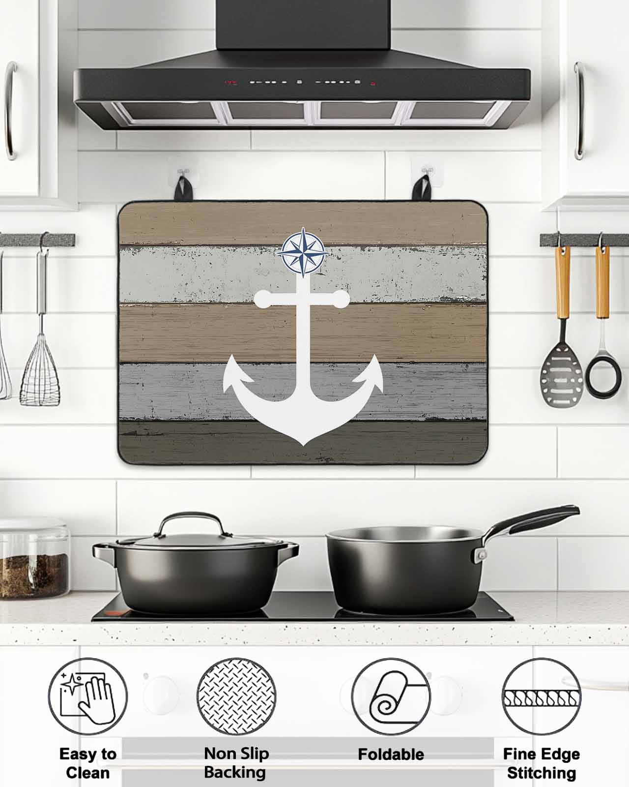 Stove Top Covers for Electric Stove, Anchor Brown Glass Stovetop Cover Protector, Nautical Grey Rustic Farmhouse Wood Grain Induction Cooktop Protector Oven Mat for Kitchen Countertop 31"x24"