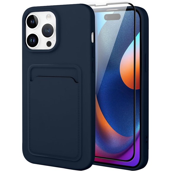 Silicone Compatible with iPhone 15 Pro Case, Card Holder Camera Protection Cover Screen Protector, Card Slot Case for Phone 15 Pro Phone Case -Blue