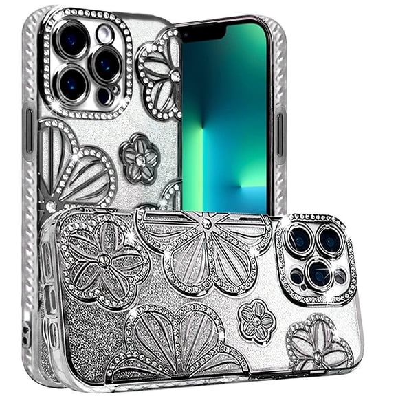 XPM for Apple iPhone 13 Pro Phone Case, Luxury Flower Design Sparkle Glitter Diamond Rhinestone Shimmer Bling Plating Thick TPU Hard PC Cover for iPhone 13 Pro (Black)