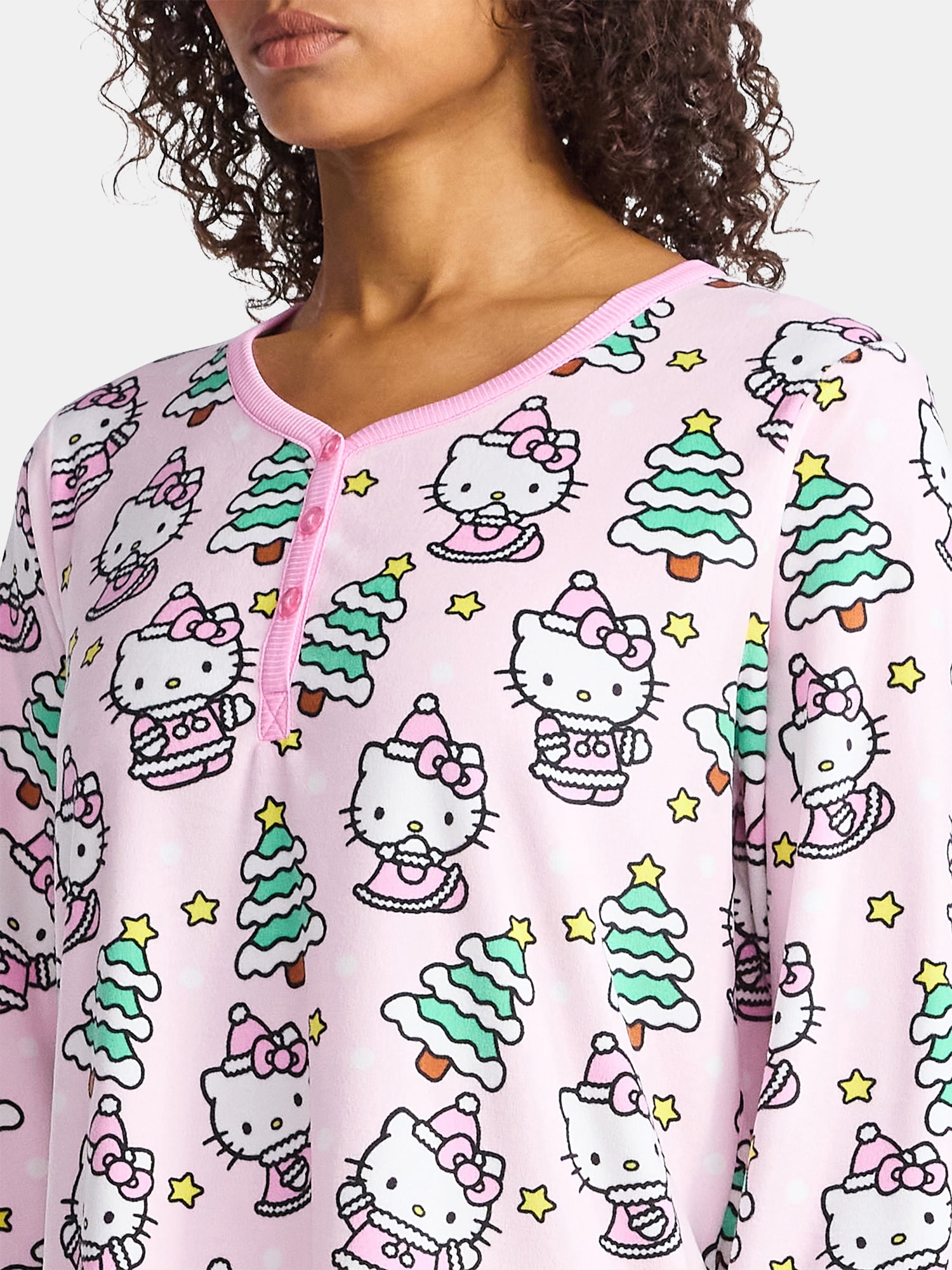 Hello Kitty Women's and Women's Plus Christmas Print Henley Sleepshirt and Plush Socks Set, 2-Piece, Sizes XS-3X