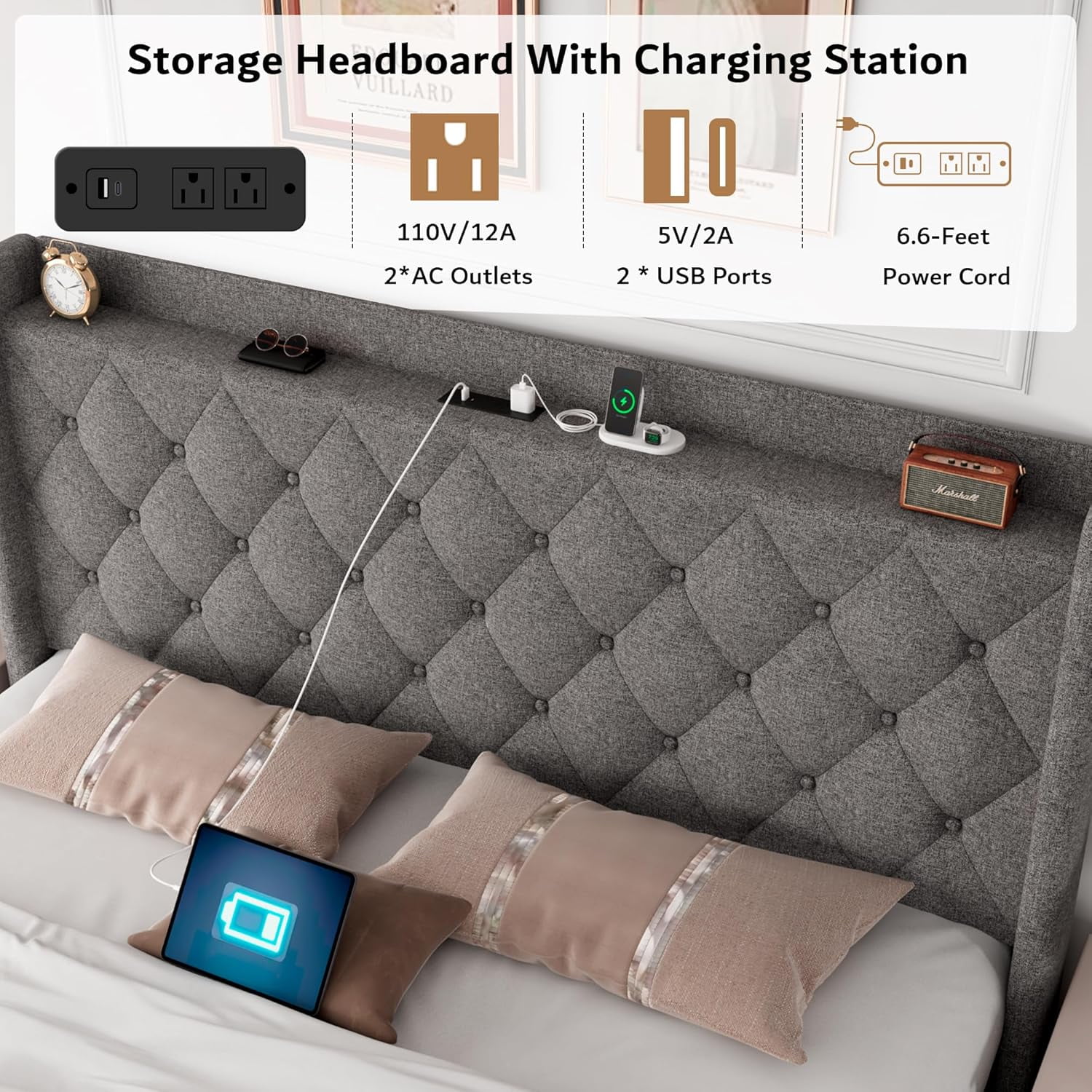 iPormis Full Size Bed Frame with Lift Up Storage & Charging Station, Button Tufted Wingback Upholstered Headboard, Wooden Slats Support, Light Gray