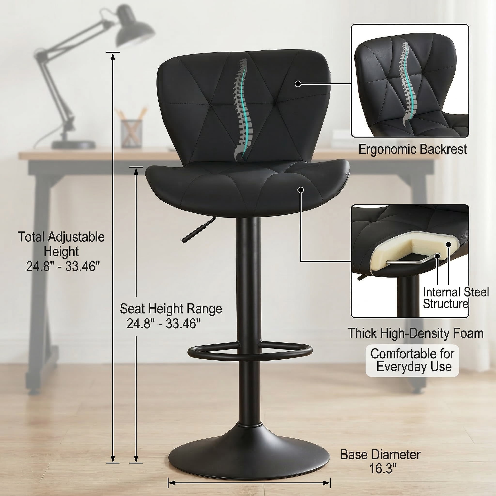Restworld BarStools Set of 4, Adjustable Faux PU Leather Modern Armless Bar Chairs for Kitchen,Black