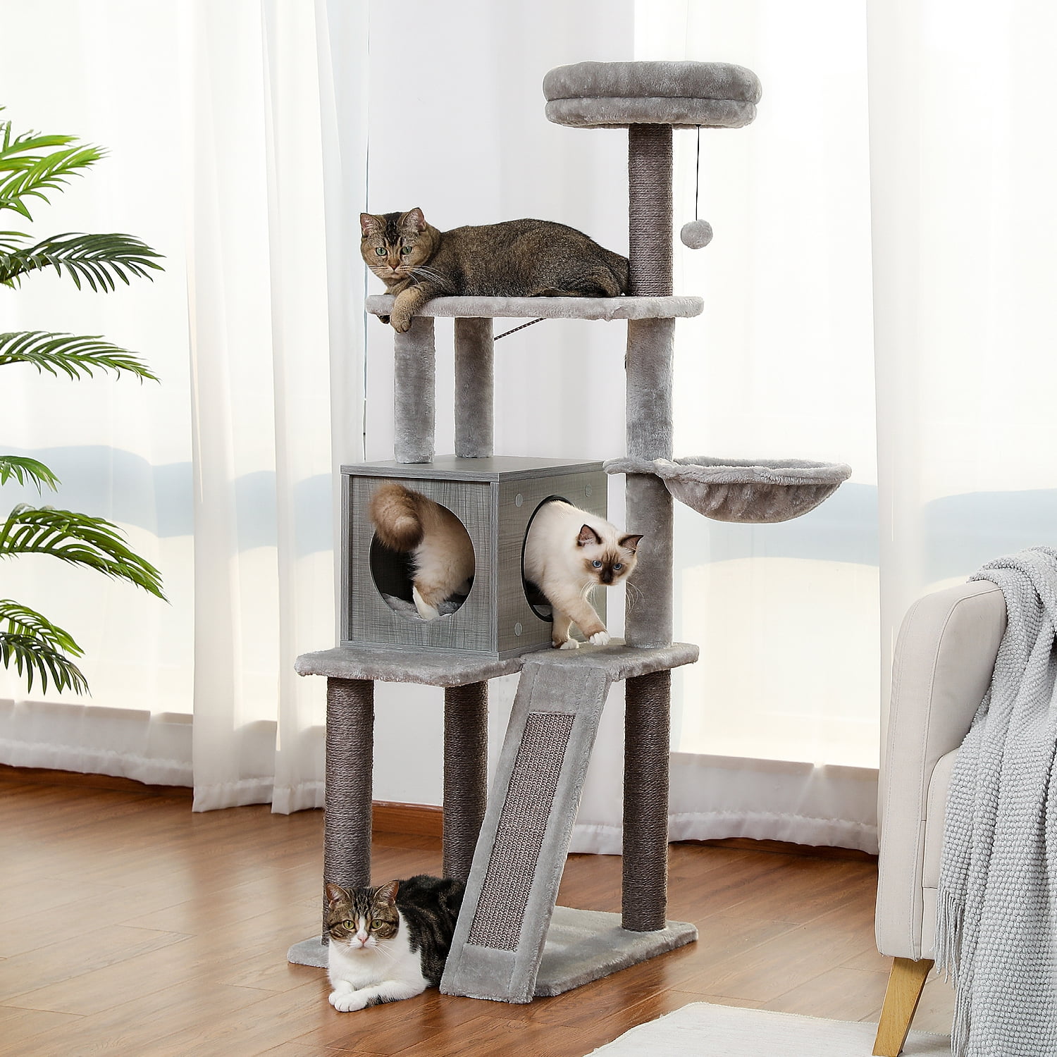 Pefilos 57" 4 Levels Platform Cat Tree, Wood Cat Condo for Large Cats with Fully Scratching Posts, Hammock, Padded Perch Cat Tower for Indoor, Gray Pefilos 57" 4 Levels Platform Cat Tree, Wood Cat Condo for Large Cats with Fully Scratching Posts, Hammock, Padded Perch Cat Tower for Indoor, Gray