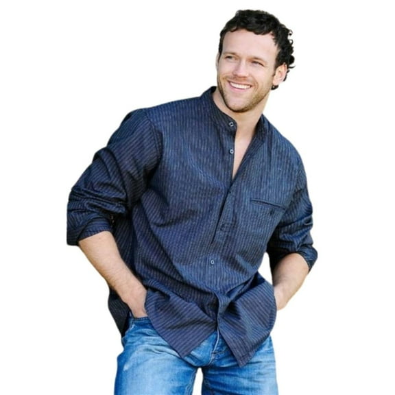 Men's Comfort Cotton Grandfather Shirt - Navy and White Stripe