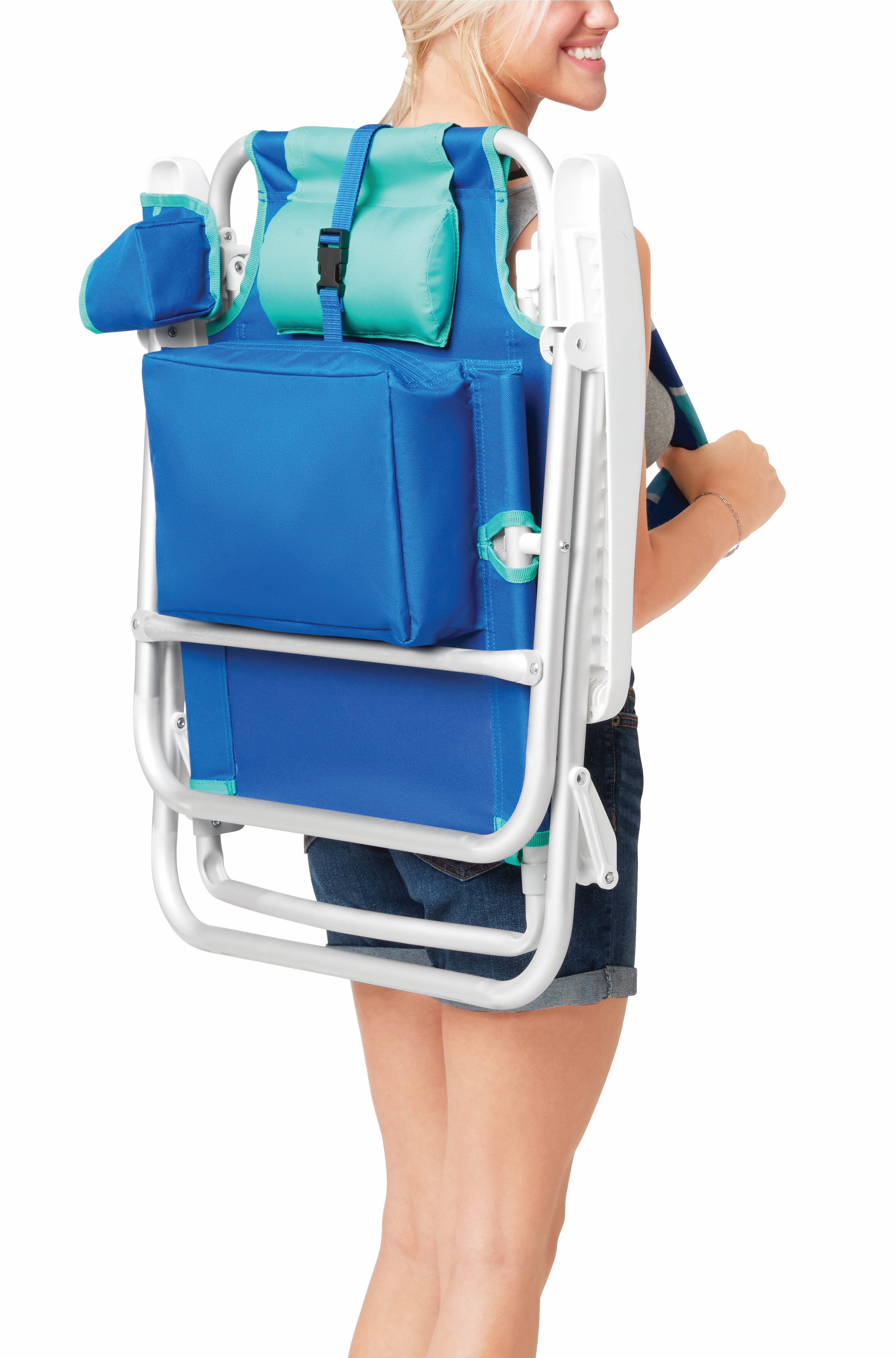 Mainstays Reclining and Lay Flat 2-Pack Beach Chair with Backpack Straps, Blue