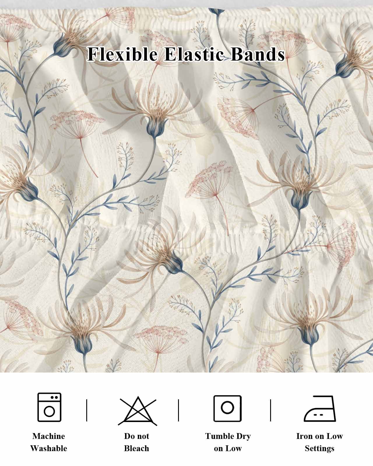 Beige Flowers Wrap Around Bed Skirts for California King Bed 18" Drop,Bed Skirt with Adjustable Elastic Belt Dust Ruffle Bed Valance for Bedroom Watercolor Farmhouse Botanical Floral Bed Frame Cover