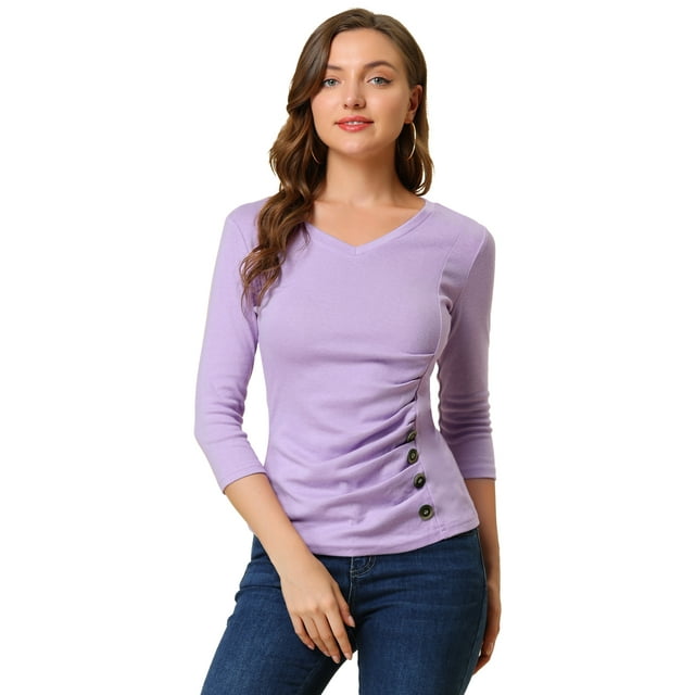 INSPIRE CHIC Blouse Unie pour Femme à Col en V, Manches 3/4, Décorée de Boutons, Haut Tricoté Froncé
