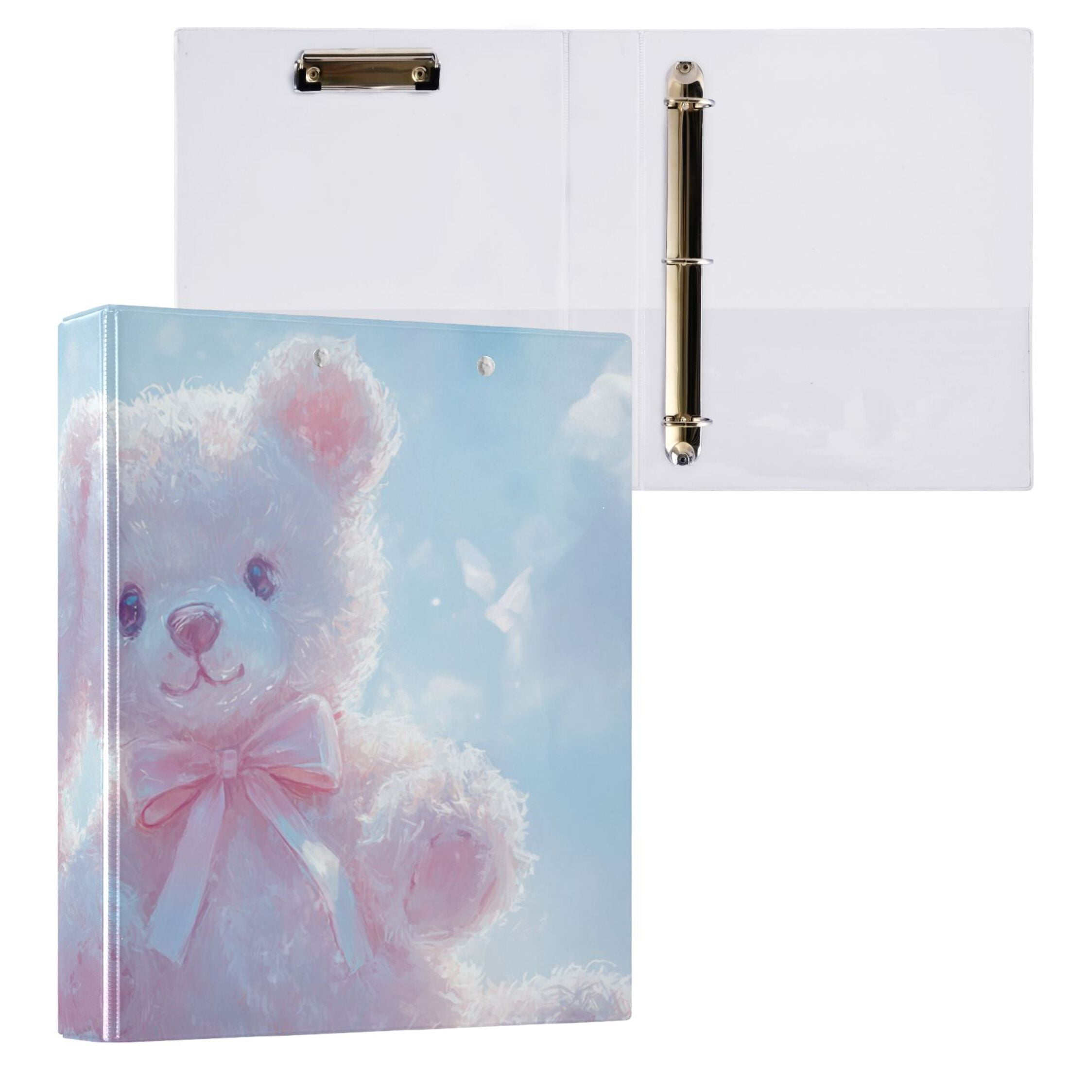 Cute Teddy Bears Pink 3 Ring Binders 1.5 inch Hardcover File Folders with Interior Pockets A4 Size Organizer for School Office Hospital