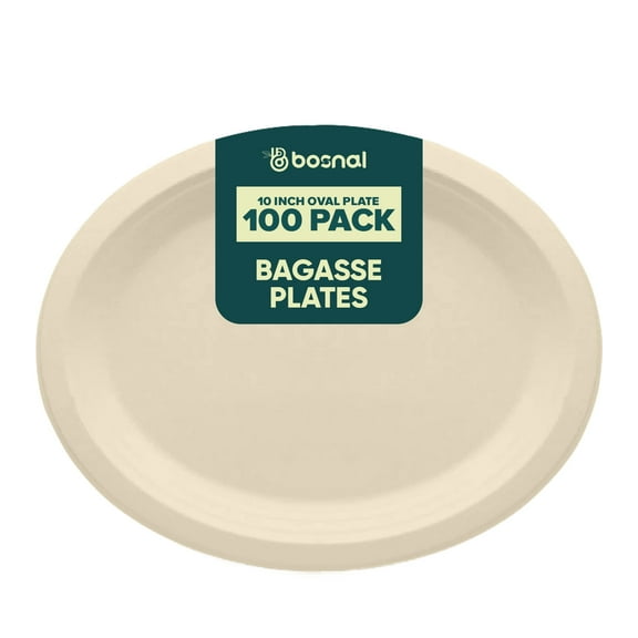 BOSNAL 10 Inch Oval Bagasse Plates (100 Pack) – Compostable, Biodegradable & Eco-Friendly Disposable Dinner Plates for Parties, Events & Catering