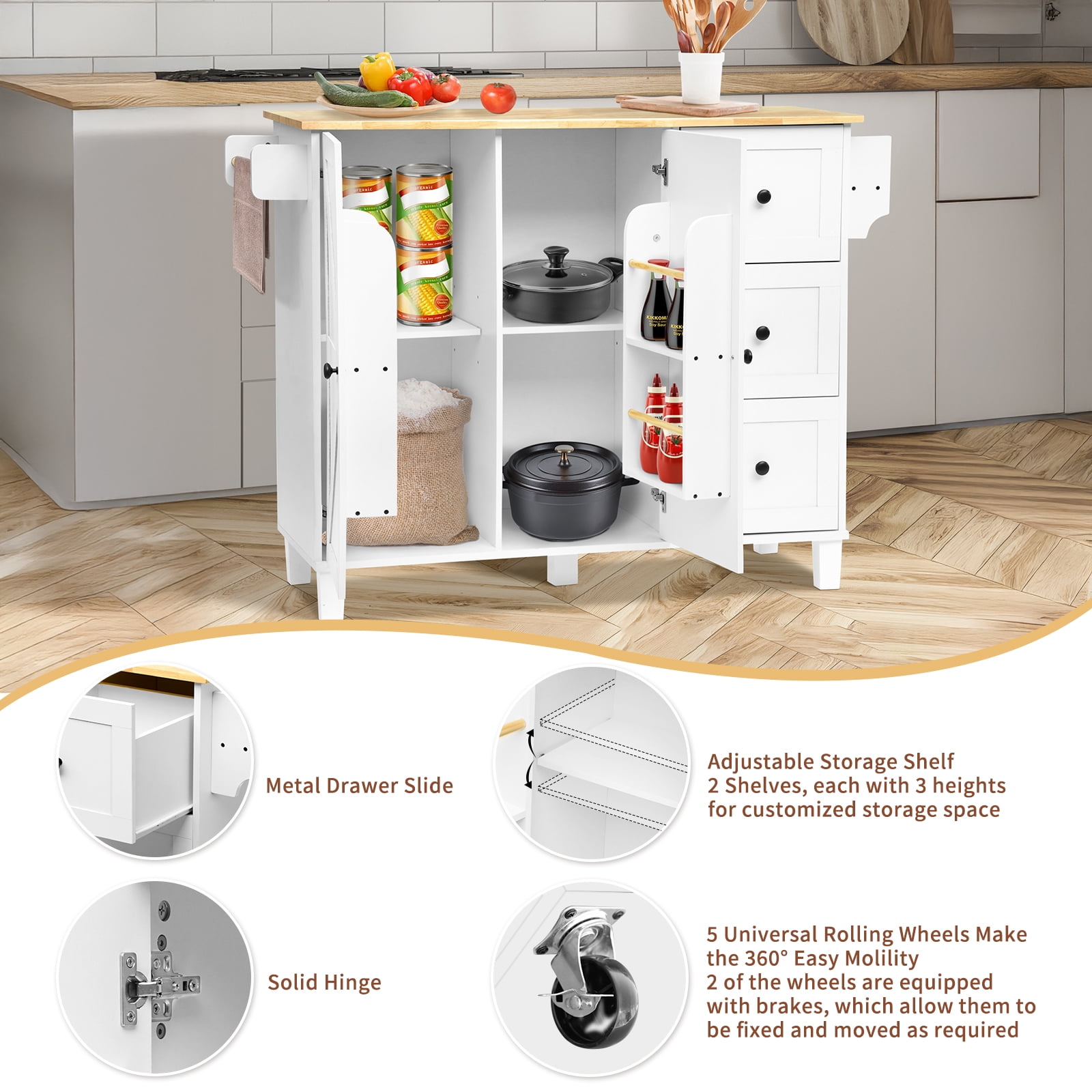 ZZBIQS Kitchen Island Cart on Wheels with  Cabinet & Drawer & 2 Adjustable Shelves, Rolling Kitchen Storage Cabinet with Wine Rack, White