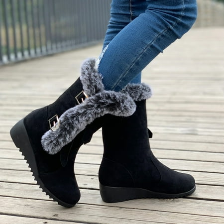 

Women‘s Wedge Mid-calf Snow Boots Casual Metal Buckle Fleece Liner Booties Women‘s Shoes
