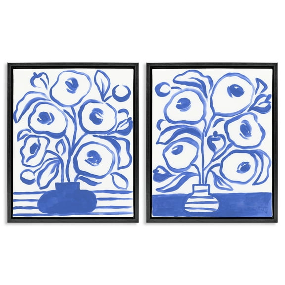 Stupell Industries Modern Blue Floral Vase Plants & Flowers Painting Black Floater Framed Canvas Art Print Wall Art, 17 x 21, Set of 2