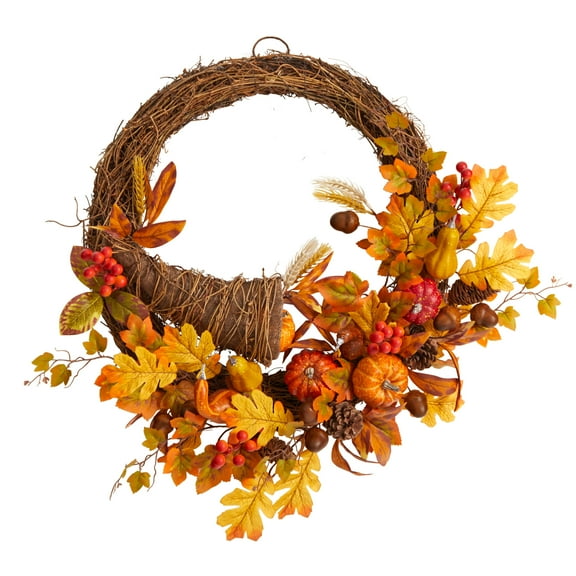 Nearly Natural Plastic Thanksgiving Autumn Artificial Cornucopia Fall Wreath, 26" (Multi-color)