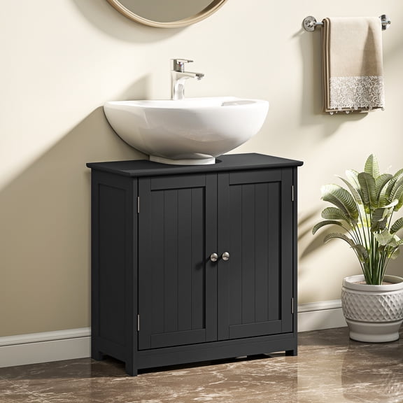 kleankin Vanity Base Cabinet, Under-Sink Bathroom Cabinet Storage with U-Shape Cut-Out and Adjustable Internal Shelf, Black