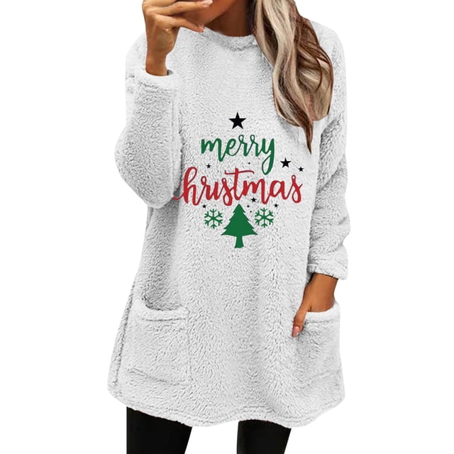 Chandail en Molleton Ample Décontracté à Manches Longues Col Rond Double Velours Automne Hiver Imprimé de Noël avec Poche Sans Capuche pour Femmes