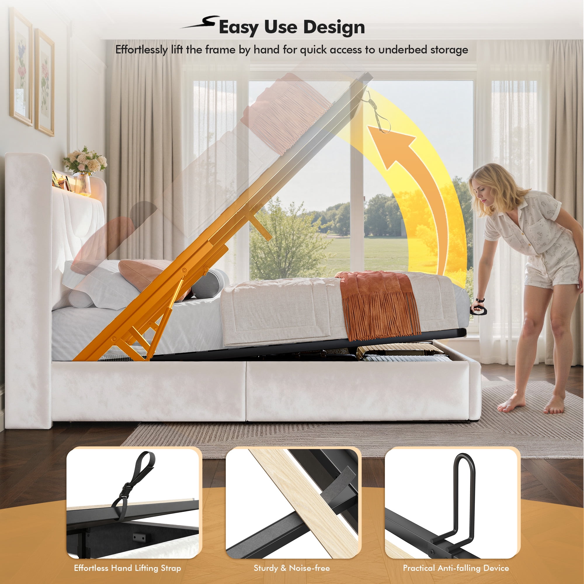 EnHomee Lift up Storage Bed with Headboard Queen Size Bed Frame with LED Light &Charge Station,Beige