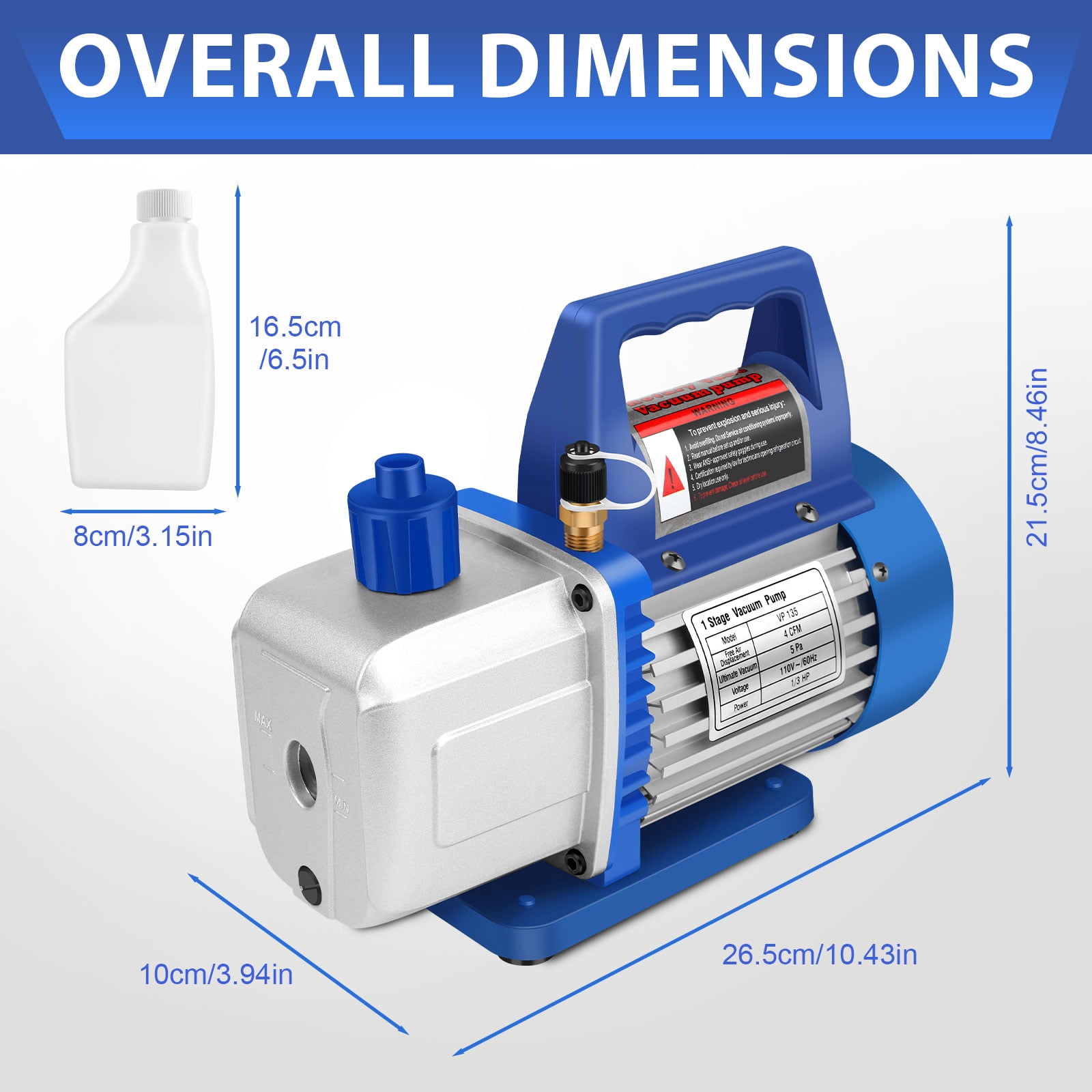 Vacuum Pump, 110V/60Hz 1/3HP 4 CFM Single Stage Vacuum Pump with Oil Bottle, Auto AC Vacuum Pump for R12 R22 R134a R410a R502 Automotive Air Conditioner Servicing Resin Degassing