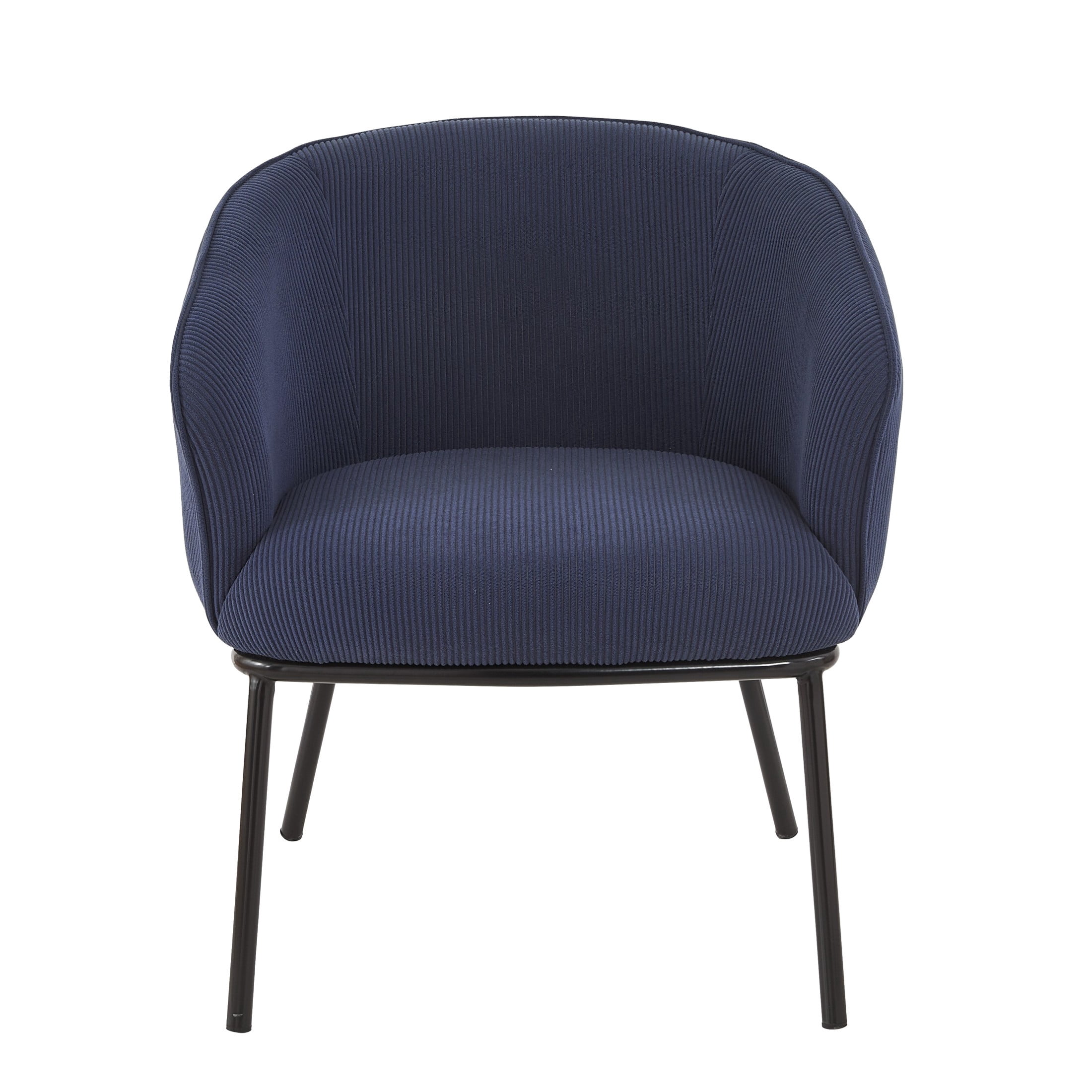 GDF Studio Mid-Century Modern Barrel Accent Chair with Corduroy Upholstery & Metal Legs, Dark Blue
