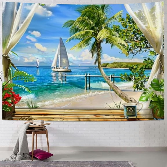 PRATYUS Ocean Beach Tapestry,Coconut Tree Tapestry Wall Hanging Palm Tree Tapestry Bohemian Tropical Paradise Sea Hawaii Landscape Tapestry Nature Scenery for Living Room,Home Decor Painting
