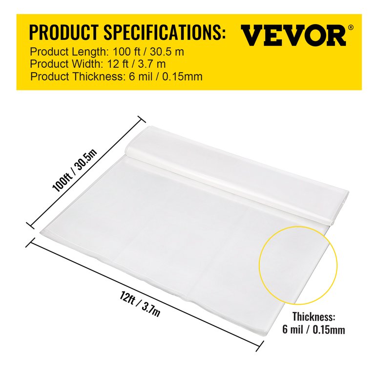 VEVOR 12 ft. x 25 ft. 6 Mil Greenhouse Film UV Resistant Superior